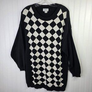 Vintage Sostanza Sweater Womens Medium Black White Argyle Oversized Tunic USA